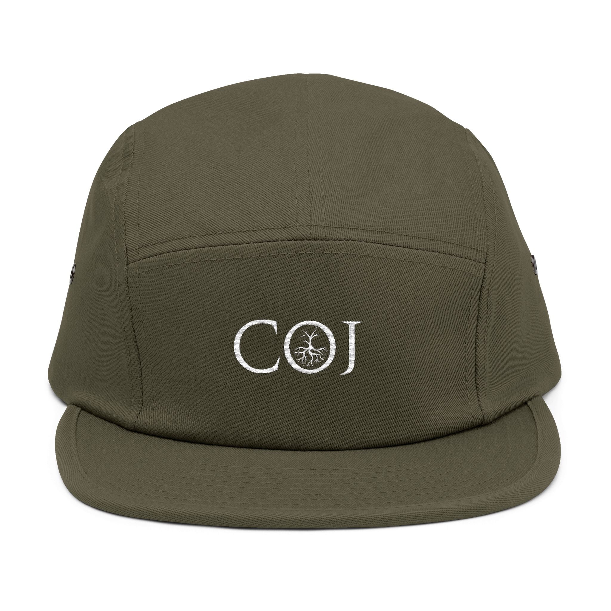 Embroidered COJ 5-Panel Cap — Olive Minimalist Casual Hat