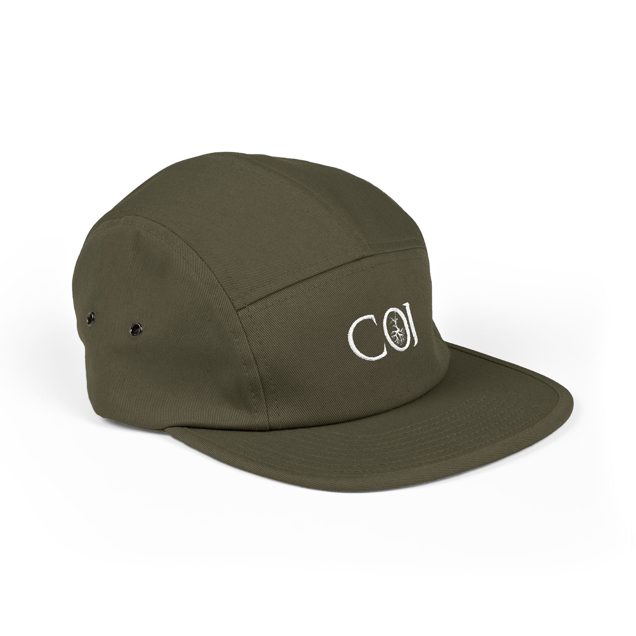 Embroidered COJ 5-Panel Cap — Olive Minimalist Casual Hat